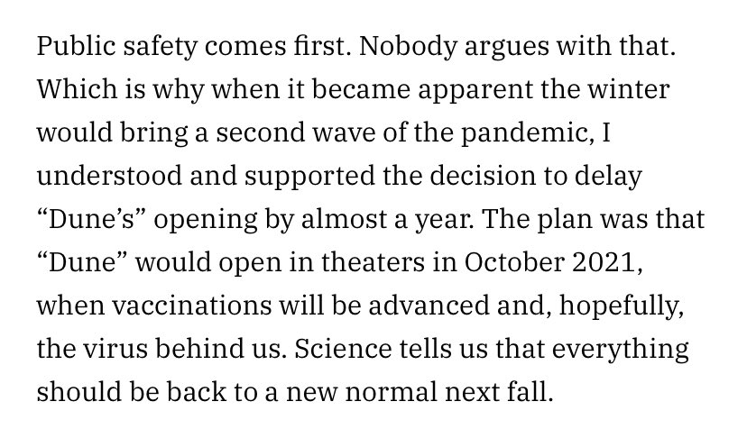 Feels like some are still missing forest for trees here but Villeneuve is also correct. It is not a decision dictated by viewing experience or “for the fans”, it was a decision that was made to sell a streaming service with no regard to the artists at work  https://variety.com/2020/film/news/dune-denis-villeneuve-blasts-warner-bros-1234851270/amp/?__twitter_impression=true