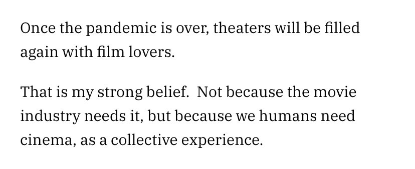 Feels like some are still missing forest for trees here but Villeneuve is also correct. It is not a decision dictated by viewing experience or “for the fans”, it was a decision that was made to sell a streaming service with no regard to the artists at work  https://variety.com/2020/film/news/dune-denis-villeneuve-blasts-warner-bros-1234851270/amp/?__twitter_impression=true
