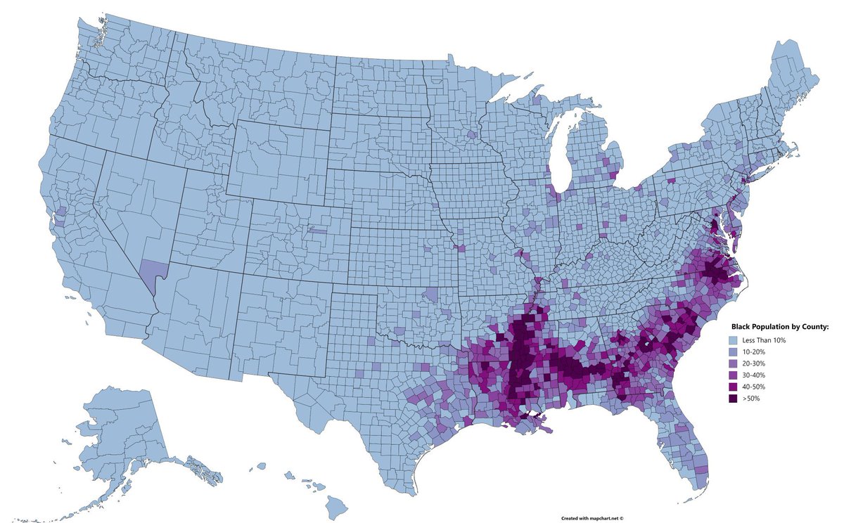 This is a map of Black population density as a percentage of population in each area in the United States. 

The South ain’t Red, folks. It’s suppressed. Don’t pray for the South to secede. Ride down here and help fight.