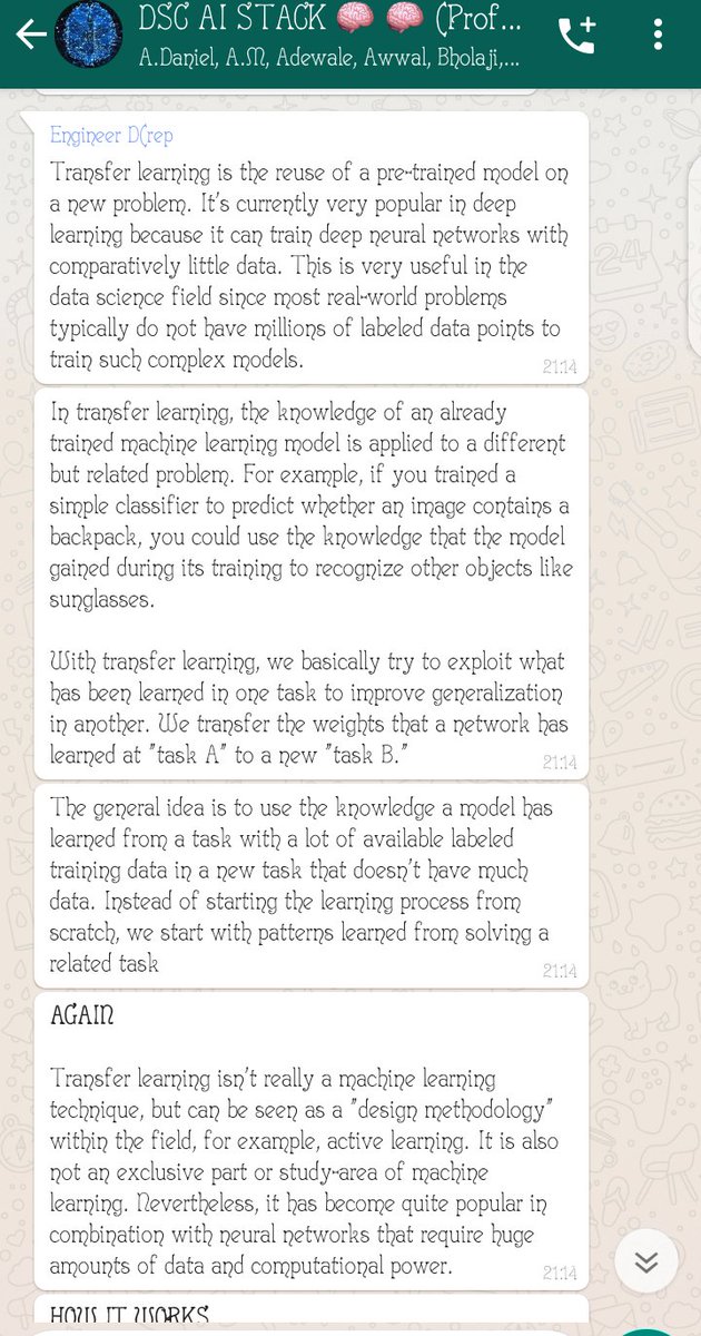 Caleb_Wole's tweet photo. We had a virtual class yesterday where I learnt about #transfer_learning in #Deep_Learning. Essentially, transfer learning involves using a pre-trained model for a task that's similar to the task that it was originally trained for. https://t.co/1LDCGLYGHO