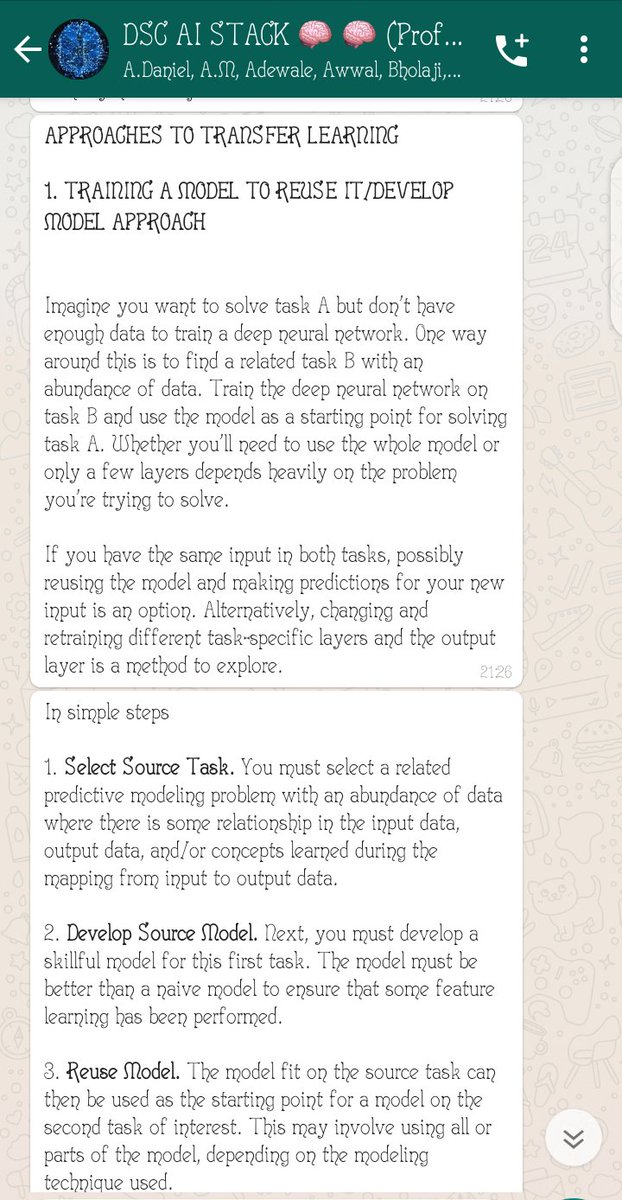 Caleb_Wole's tweet photo. We had a virtual class yesterday where I learnt about #transfer_learning in #Deep_Learning. Essentially, transfer learning involves using a pre-trained model for a task that's similar to the task that it was originally trained for. https://t.co/1LDCGLYGHO