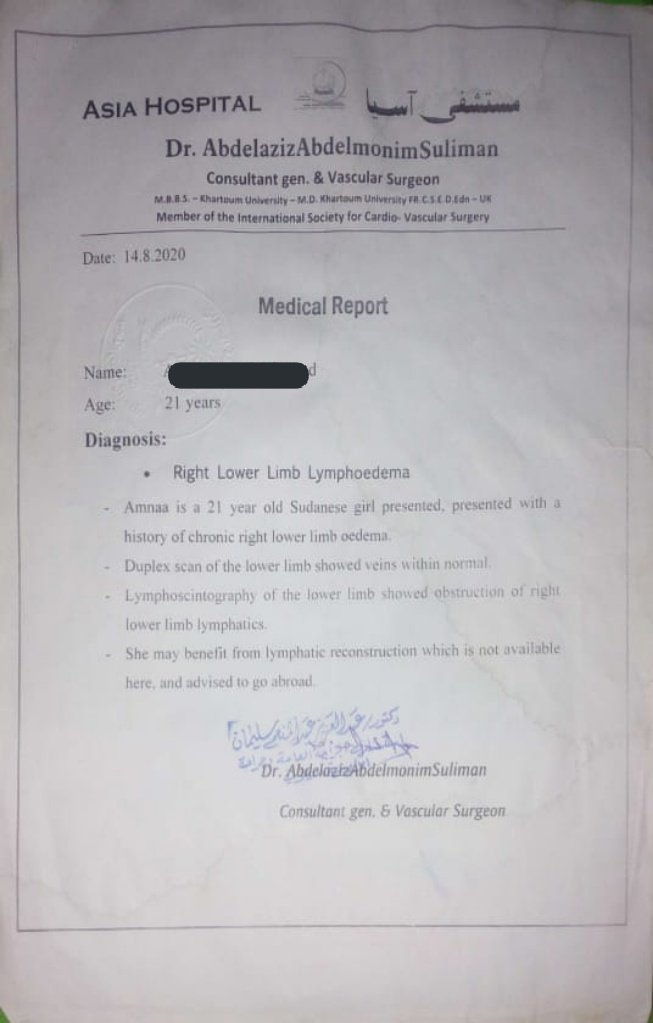 hashsudan's tweet image. 🔴فتاة سودانية مريضة انسداد الاوعية الليمفاوية في أحد الاقدام ، لم تستطع العلاج في السودان ، وتعاني حالياً من ظروف مادية صعبة، تبحث عن من يساعدها من أهل العطاء والبر لأجل السفر للخارج بغرض إجراء عملية
  رقم حساب للدعم
 2351434
بنك الخرطوم فرع المنشية
للتواصل
0960706683
#ريتويت