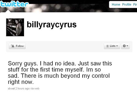 but there was one person surprisingly out of the loop, finding out about the video at the same time as the rest of the gossipy masses - miley's dad billy ray, who, like any great parent, took to twitter to voice his concern:
