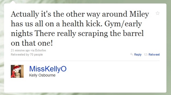 but drama continued to follow, with gossip sites decrying continued partying by miley, now joined by her rehabbed movie co-star kelly osbourne, who promptly took to twitter to swat reports the toking teen had driven her to a relapse: