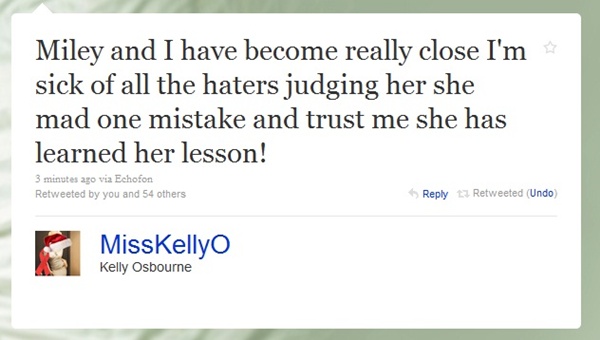 but drama continued to follow, with gossip sites decrying continued partying by miley, now joined by her rehabbed movie co-star kelly osbourne, who promptly took to twitter to swat reports the toking teen had driven her to a relapse: