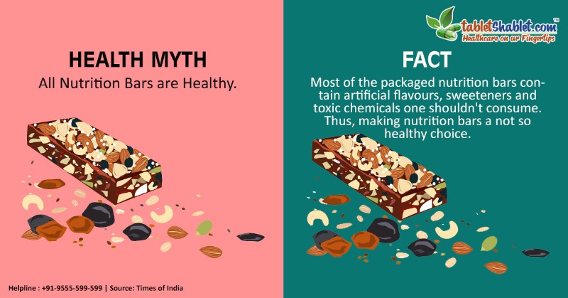 TabletShablet's tweet image. Health Myth:
All #NutritionBars are Healthy🍫.

Fact:
Most of the packaged nutrition bars contain artificial flavours, sweeteners &amp;amp; toxic chemicals one shouldn't consume. Thus, making nutrition bars a not so healthy choice. @TabletShablet
#Nutrition #nutritiontips #nutritionfacts