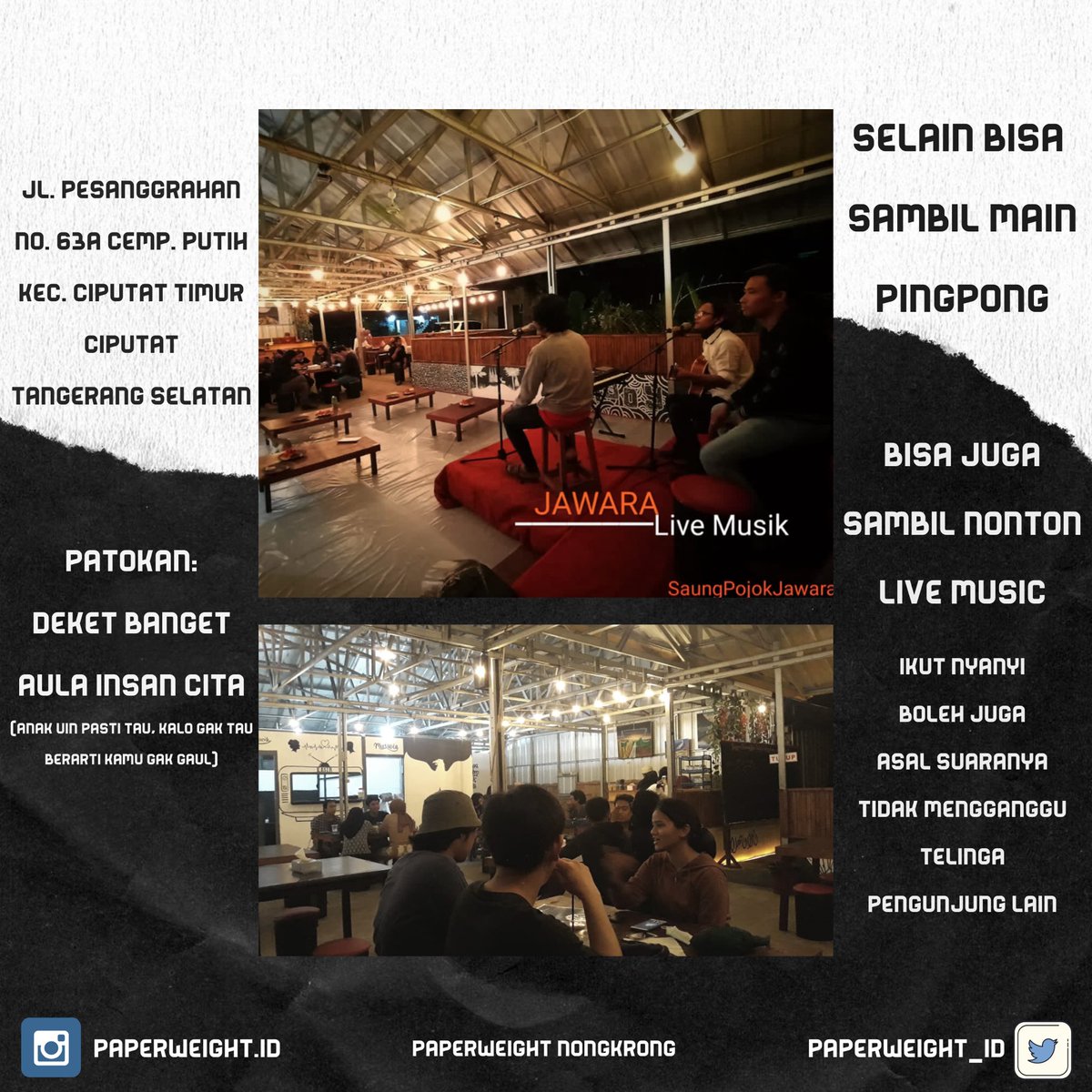 paperweight_id's tweet photo. PANO, Paperweight Nongkrong. Edisi perdana PANO ini akan merekomendasikan tempat nongkrong yang oke banget, fren! Bisa sambil main pingpong! Yaitu Pojok Jawara!
Buat kalian anak Tangsel alias Tangerang kesel, tida dong, Tangerang Selatan maksudnya. Wajib banget nongkrong di sini! https://t.co/wtJOMOavNj