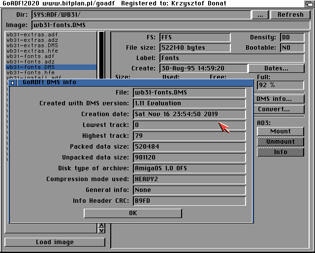 [68k] GoADF 3.1.2
Outil de gestion sous Amiga de vos fichiers ADF, DMS, ADZ, HFE. 
Nouvelle version disponible pour tous les utilisateurs (correction d'un bogue sur la gestion des noms longs dans les archives DMS)
bitplan.pl/goadf