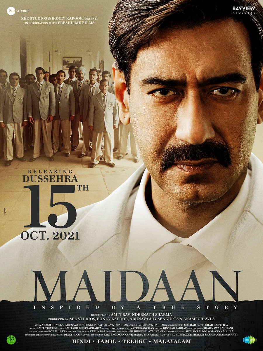 The football based @ajaydevgn’s #Maidaan in theatres on Oct 15th #Dussehra 2021. Shoot commences Jan 2021. @ajaydevgn @priyamani6 @raogajraj @ItsAmitTrivedi @iAmitRSharma @freshlimefilms @BoneyKapoor @saregamaglobal @ZeeStudios_