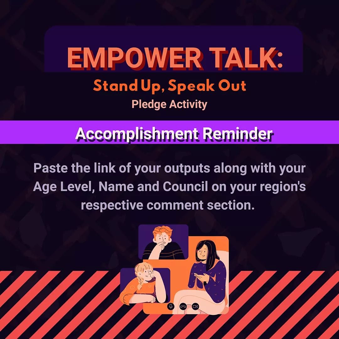 Good day, Girls in Green!

This is a reminder for you to accomplish the pledge activity given during the EmpowerTalk session.

Just go to your respective region’s post and comment the link of your output along with your personal information in this format: