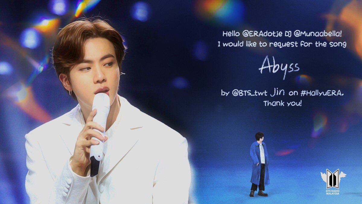 BTSxRadioMY's tweet photo. Hey #BTSARMY!
It’s not too late to request #Abyss by @BTS_twt #Jin for tonight’s @ERAdotje #HallyuERA if you haven’t.
Make sure to Tweet your request before 10pm MYT. RTs & Likes don’t count.
~JY
#AbyssByJin #AbyssOutNow https://t.co/4Hdkj43JGs