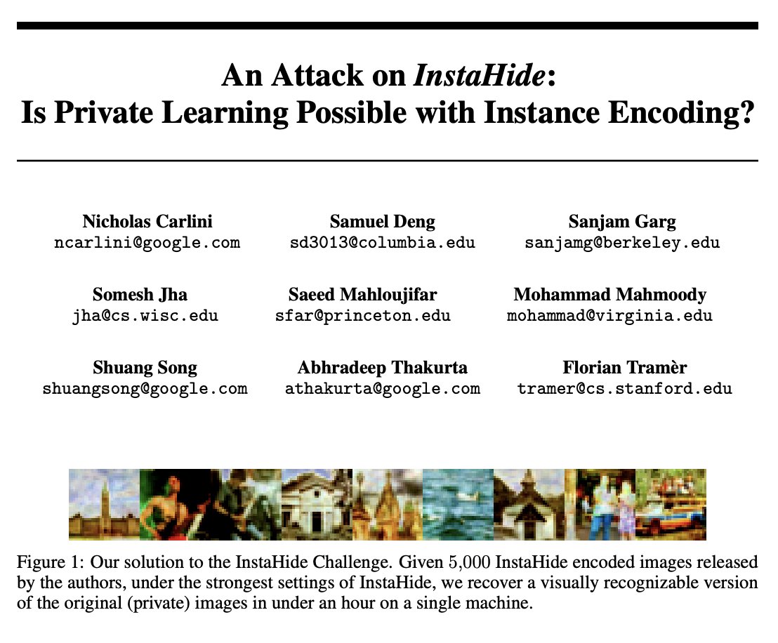 Breaking InstaHide was a collaboration across 7 institutions, including some of my Google colleagues. (I'm not involved.)I hope people recognize the value of cryptanalysis work like this. Breaking a system often requires understanding it better than its designers do.8/9