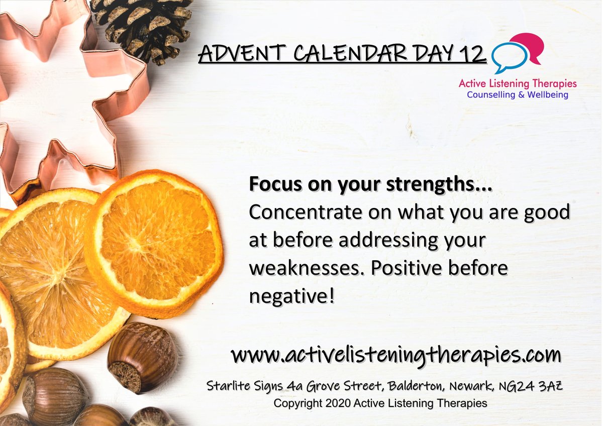 Active_L_T's tweet photo. Advent Calendar Day 12: Development is really important, so work on your strengths to make you feel good. If your good stuff is super-charged you'll be in a better position to work on your weaknesses.  #AdventCalendar #Counselling #MentalHealth #Newark https://t.co/g5fl8e4FB9