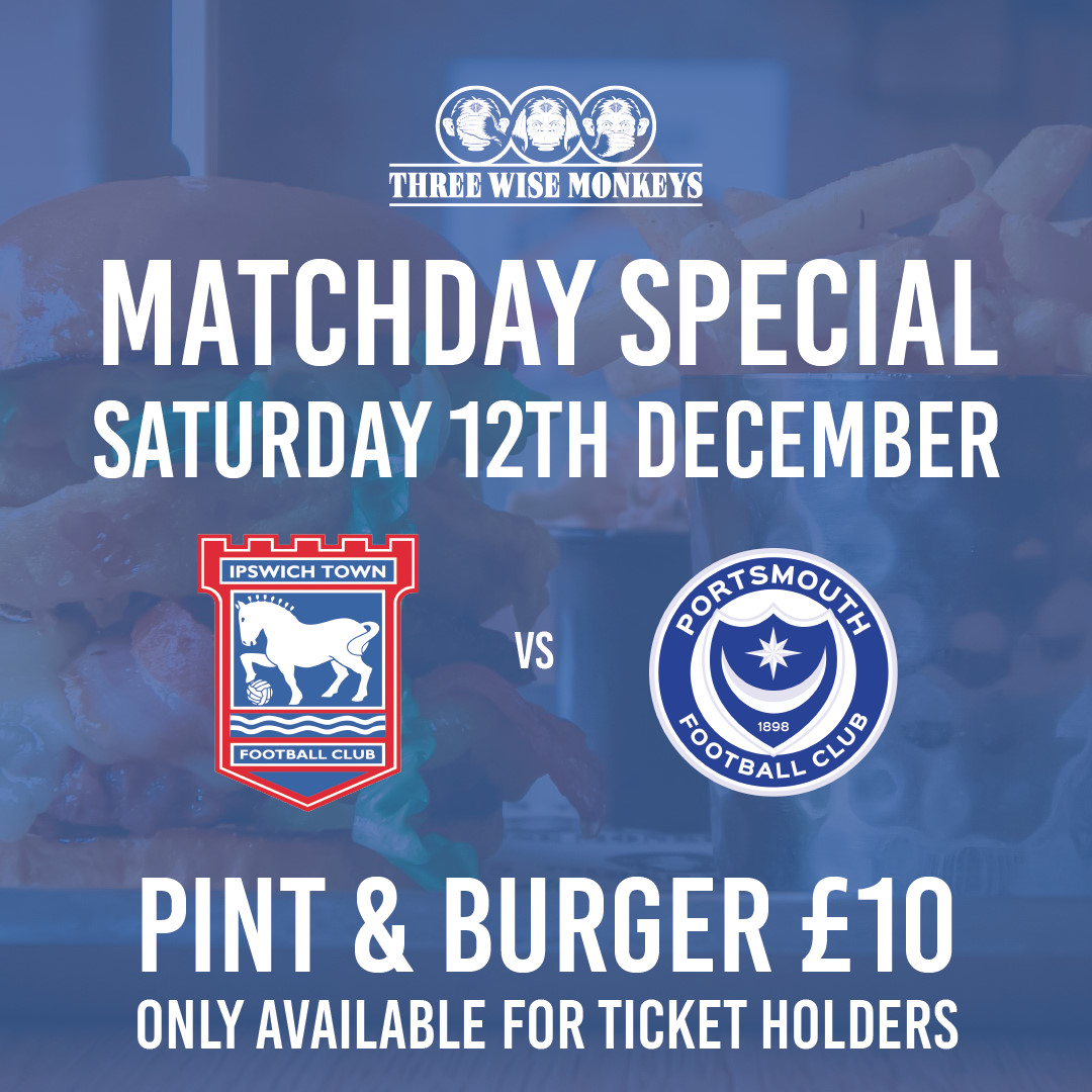 Heading to the match today? 
Three Wise Monkeys are offering all Ipswich Town Football Club v Portsmouth ticket holders a Pint and a Burger for just £10! 
Book your table: threewisemonkeysipswich.com/reservation/ 
#ipswichtown #ipswich #itfc #football #ipswichtownfootballclub