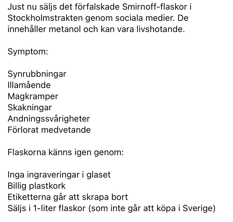 drogvarningar's tweet photo. #drogvarning rörande alkohol med metanol i Stockholmstrakten. https://t.co/qHdl846ryL