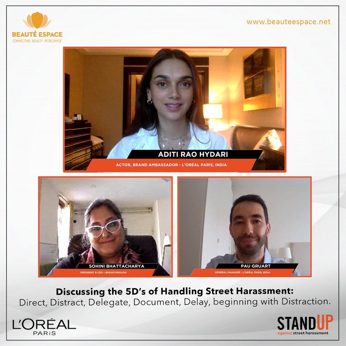 beauteespaceIND's tweet photo. An e-conference organized by #LOréalParis India GM Pau Gruart, Actress &amp; L’Oreal Paris, India Brand Ambassador - #AditiRaoHydari &amp; Sohini Bhattacharya, President &amp; CEO of NGO Breakthrough, came together to unveil #StandUpProgram for Women &amp; ByStander empowerment. Full Story Soon! https://t.co/6houx6AY38