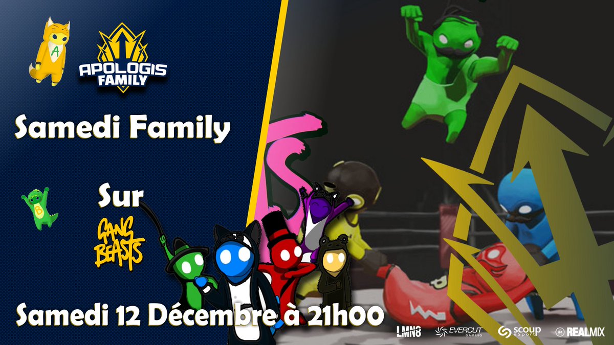 ApologisFamily's tweet photo. 🏁 La deuxième édition du Samedi Family c'est ce soir sur @gangbeasts  🥊🥊🥊 !

Rendez-vous un peu avant 21H sur notre discord pour ceux qui veulent 🎮 !

On fait gagner un exemplaire du jeu à 16H parmi les Retweets 🎁🎀 !

#JoinFamily #ApologisInside https://t.co/gcXyumLt9J