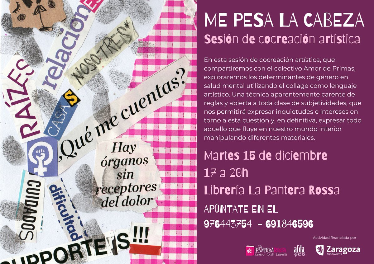 LaPanteraRossa's tweet photo. Una reflexión creativa y artística sobre las condiciones de vida desiguales y los modelos imperantes de masculinidad y feminidad hegemónicos para explicarnos las desigualdades de género que encontramos en salud mental #AFDA #AmordePrimas @dianespotting https://t.co/IcDL7luiLo https://t.co/CRD8vQPqBc