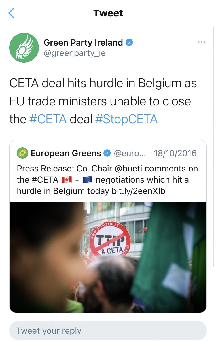 There is, as they say, always a tweet. In this case there are loads of them. But I like this one from the  @greenparty_ie official account using the  #StopCETA. It’s almost as if they are betraying their voters.