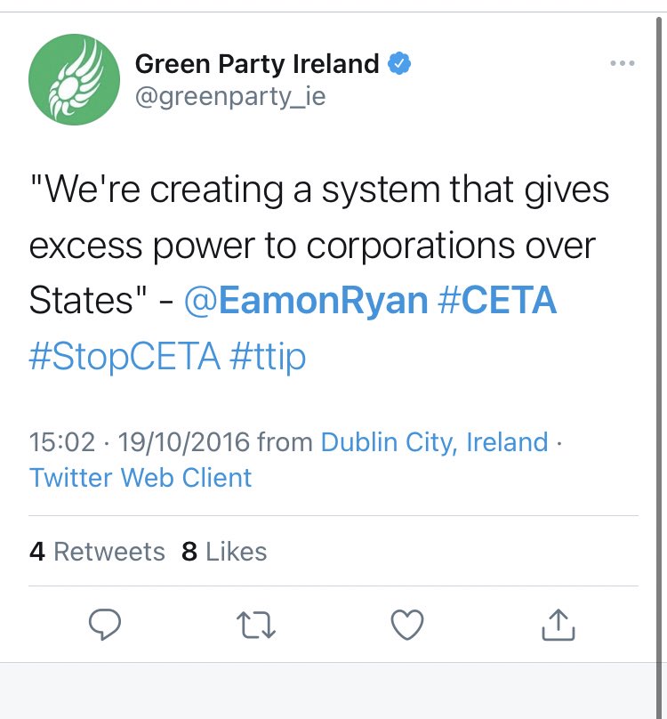 Here’s another one where  @EamonRyan raises the very real issue of CETA giving corporations the power to sue states. This is part of the “free trade” deal you see. Reading his words now I think he might’ve meant it as a positive?  #StopCETA