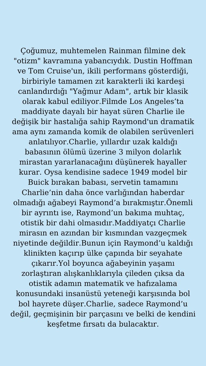 Haftanın film önerisi,Otizm Spektrum Bozukluğunu konu alan Oscar ödüllü “Rain Man”.