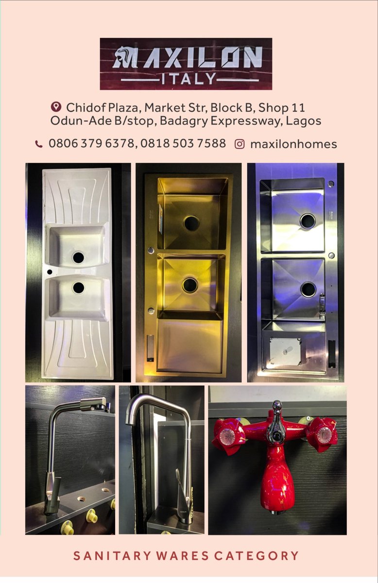 maxilonhomes's tweet photo. One stop shop for all your kitchen sink, faucets, taps and water closet.
MAXILON ITALY ๐ฎ๐น
The Best or Nothing.
Chidof Plaza Market Street Odun Ade Block B Shop 11 Badagry expressway Lagos.
#maxilonhome
#maxilon
#ebulletin
#maxilonfaucets
#maxilontaps
#maxilonsinks https://t.co/QhePv8HTjn