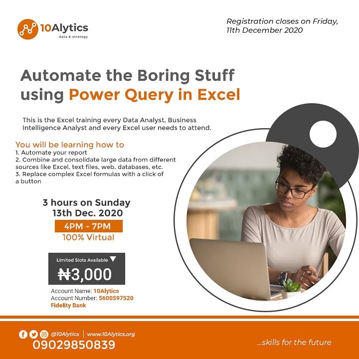 10Alytics's tweet photo. This is happening tomorrow!
At 10Alytics, we give the best to every participant.
To us, excellence is a culture and we ensure that we deliver excellent services at all times.
DM us to be part of our next class.
#datascience #reportautomation #financialreporting https://t.co/bF9BMFB7Nt