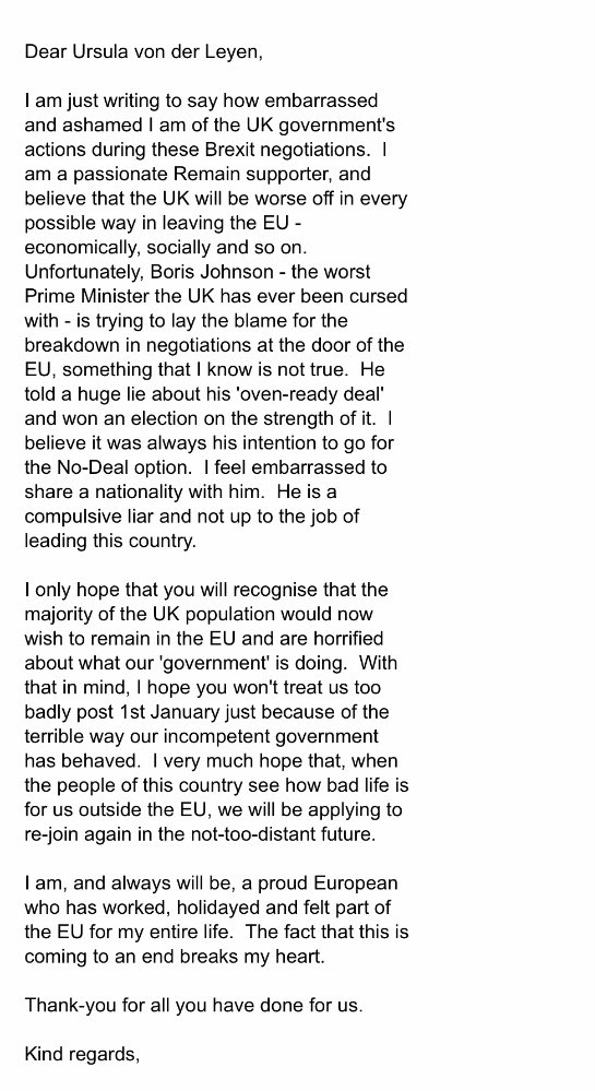 georgie (@getback2thebeat) on Twitter photo I have written to <a href="/vonderleyen/">Ursula von der Leyen</a> today with the enclosed message. I hope others who are embarrassed and ashamed at the actions of <a href="/BorisJohnson/">Boris Johnson</a> and his lying government will do the same. #NoDealBrexit #NoDeal #BorisJohnsonMustGo #JohnsonHasFailedTheNation I have written to <a href="/vonderleyen/">Ursula von der Leyen</a> today with the enclosed message. I hope others who are embarrassed and ashamed at the actions of <a href="/BorisJohnson/">Boris Johnson</a> and his lying government will do the same. #NoDealBrexit #NoDeal #BorisJohnsonMustGo #JohnsonHasFailedTheNation