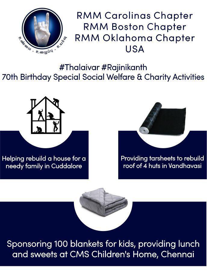 RajiniTNCM's tweet photo. RMMNA Carolinas, Boston and Oklahoma Chapters in a joint effort sponsored various social welfare and charity activities in TN today on the occasion of #Thalaivar #Rajinikanth Birthday. #HBDSuperstarRajinikanth #RMMNA #RMMforthepeople https://t.co/RpodCst4z0