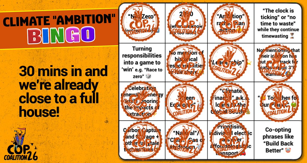  We're only 30 mins in and we're already close to a full house!It's official: the  @cop26uk Climate Ambition Summit is full of greenwashing, false solutions and fake ambition  We need  #ClimateJustice,  #RealZero and  #JustTransition that begins now.  #ClimateAction  