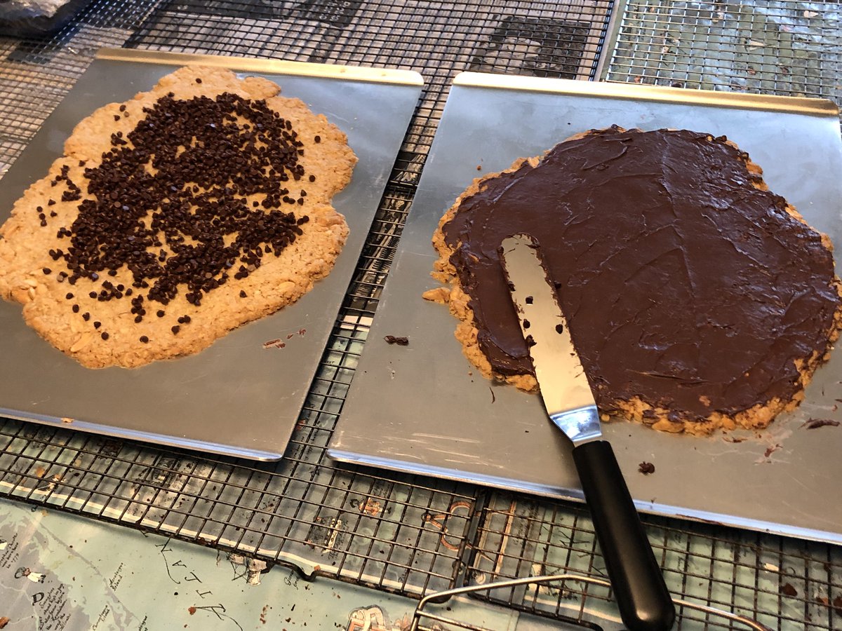 Cookie #9 is Oatmeal Butter Brittle. You make the dough, press it into a sheet pan (or roll it out), and bake. When it comes out of the oven, I sprinkled a cup of chocolate chips on each tray, gave them time to soften, and spread it. Once hard, break it into pieces.