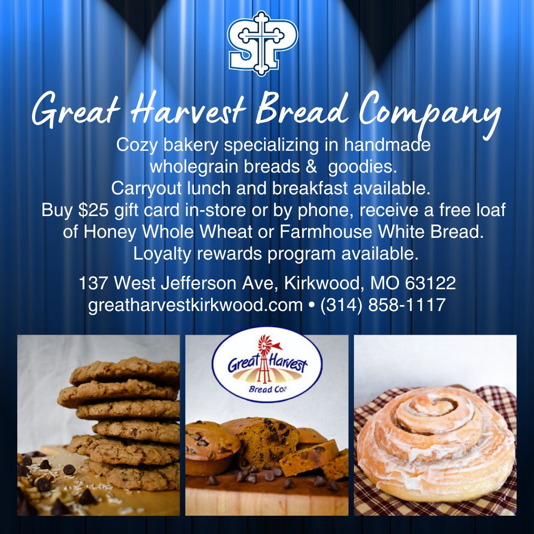 Start your Saturday off right with great bread at Great Harvest! Carryout lunch and breakfast available. Check out their menu greatharvestkirkwood.com. The cinnamon chip bread comes highly recommended from many St. Peter families! What is your favorite?
