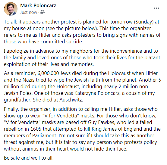 markpoloncarz's tweet photo. It appears there will be another protest at my house tomorrow. This time the organizer calls me Hitler and asks the protesters to carry signs with the names of those who committed suicide and wear V for Vendetta masks. My full statement and the organizer's post in the below pics: https://t.co/7kcWT8Mh8L