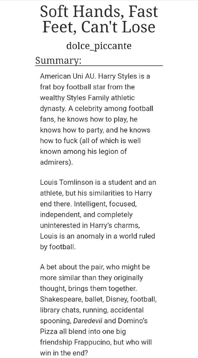 - Soft Hands, Fast Feet, Can't Lose( https://archiveofourown.org/works/5799241/chapters/13366498)