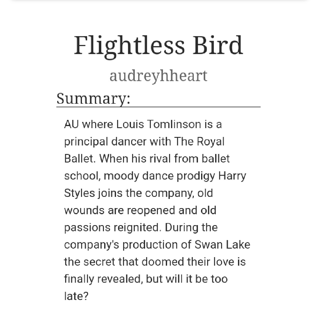 - Flightless Bird( https://archiveofourown.org/works/6401653/chapters/14656807)