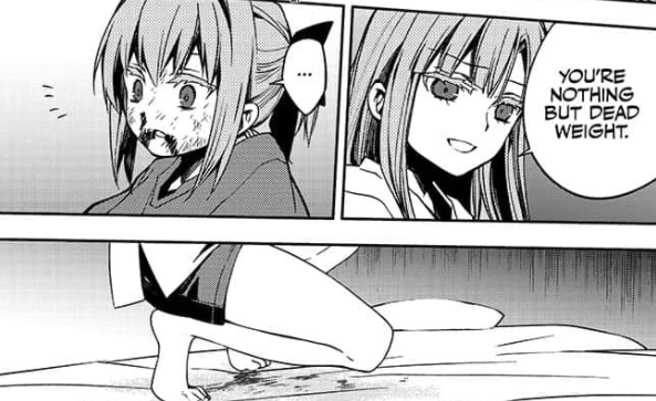 // bloodtw // verbal abuseshe hurls insults at shinoa, telling her that her existence has no value, that she’s meaningless and that she has no will, no emotions.