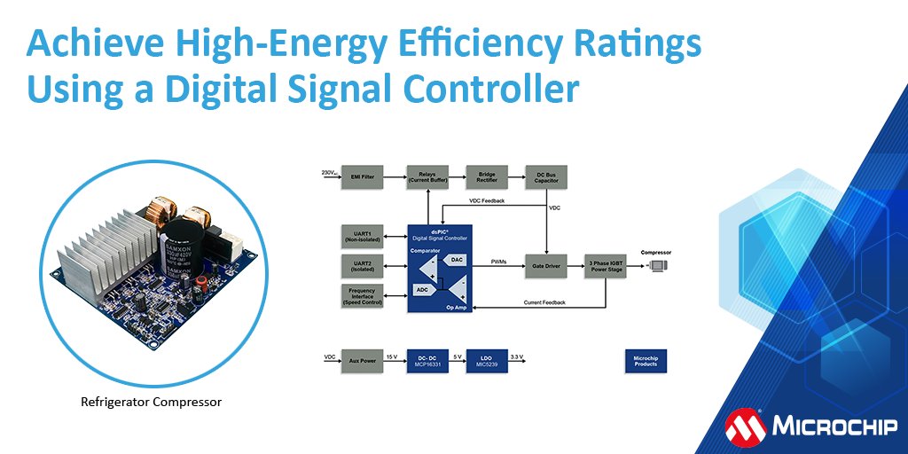 MicrochipTech's tweet image. There are many benefits to using our dsPIC33 Digital Signal Controller (DSC) refrigerator compressor reference design. Read the blog for details: mchp.us/2VSa6qe. #digitalsignalcontroller #dsc #referencedesign