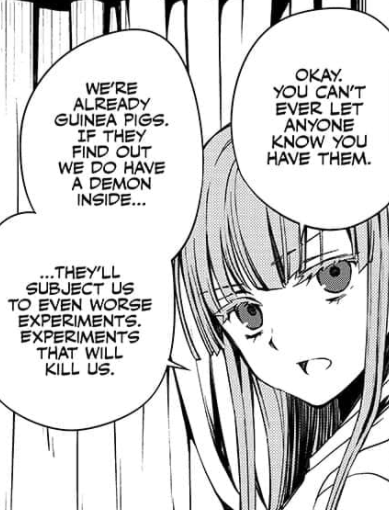 then mahiru says shinoa has ‘dirty’ dreams that are apparently so terrible she can’t tell anyone. if she’s been plagued with these nightmares every day since she was a toddler because of her demon, this is definitely going to have a huge psychological effect.