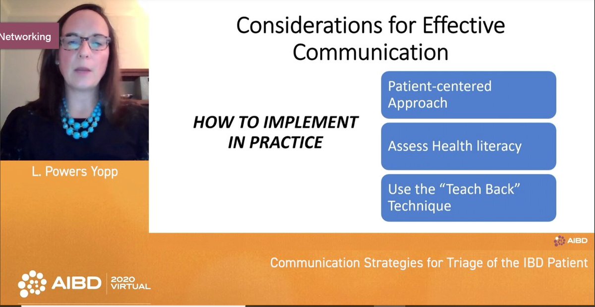 #LauriePowersYopp from @UNCGastro with an excellent presentation on communication strategies for patients with #IBD. @IBDConference @MLongMD @Hherf @KNWeaverMD @AJainMD  #AIBD2020