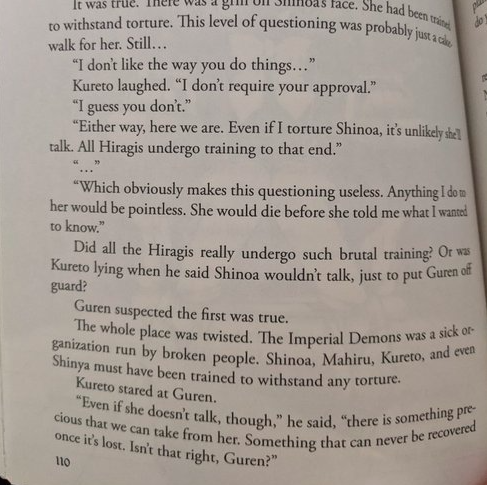 tw // rapethen, we come to the worst part of this scene; kureto literally threatens to have her raped. as in, he says that he’s willing to let his eight year old sister be raped if it means getting what he wants, and he says this in front of her while she’s STRAPPED TO A CHAIR.