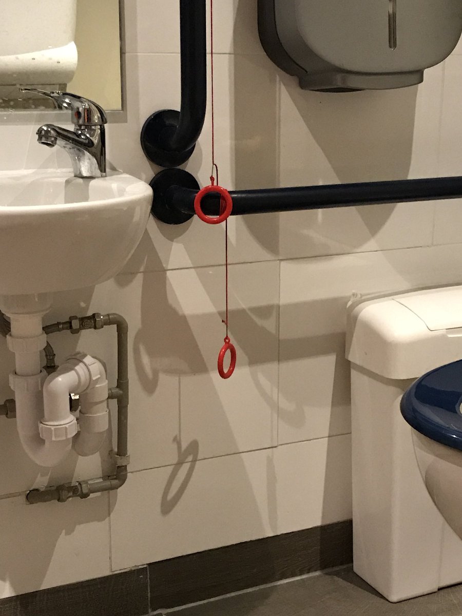 Day 12: Of  #AccessibleAdvent After a certain date all new  had to have a way for a person to call for help and get attention from the floor by the toilet or from a seated position. A toilet is unusable if a cord system is tied up / wrong style / length / touches floor etc. OR