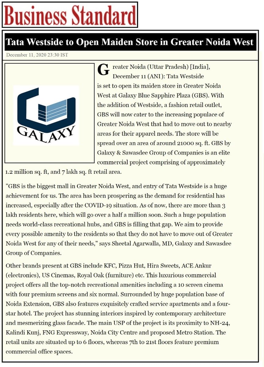 thegalaxy_group's tweet photo. The grand opening of Tata @WestsideStores maiden in Greater Noida West at Galaxy Blue Sapphire Plaza got featured in @bsindia.
#MediaUpdate #Westside #GalaxyGroup #GalaxyBlueSapphirePlaza #NewAssociation #RealEstate #CommercialProperty #GreaterNoidaWest https://t.co/aZhNZyRh7q