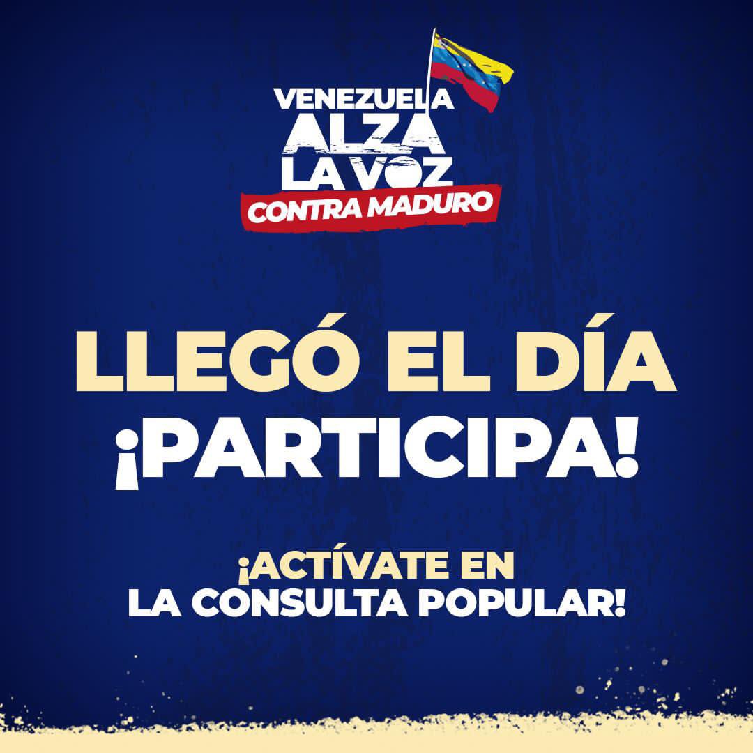 ¡LLEGÓ EL DÍA!

#HoyTodosALaConsultaPopular por Venezuela 🇻🇪

Desde las 8am podrás asistir a los Centros para la Consulta y ejercer tu derecho.

Si ya lo hiciste por internet, puedes ir a ratificar tu voluntad con tu código.

Busca tu centro aquí: linktr.ee/consultaporvzla