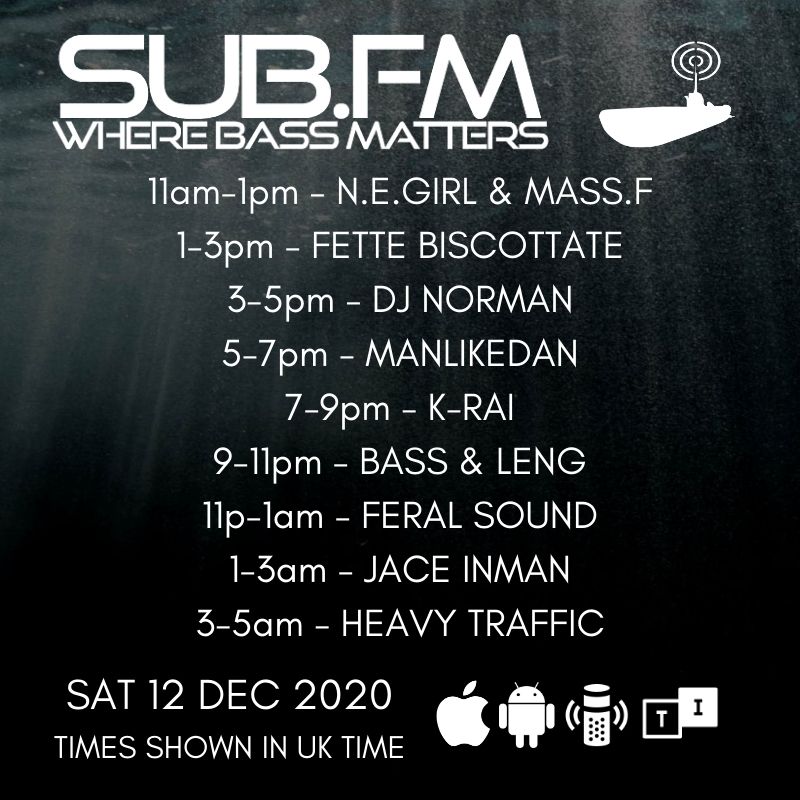 Sub FM (@subfm) on Twitter photo The lineup for Saturday 12th December 2020
Sub.FM
<a href="/DocstepFM/">Dj FetteBiscottate</a> <a href="/manlikedanukg/">ManLikeDan</a> <a href="/KraiMusic/">Ryan (K-Rai) Stinnett</a> <a href="/Wedge_DJ/">Wᴇᴅɢᴇ😷</a> @HeavyTrafficRec
#Dubstep #UKGarage #BassMusic #DnB #Jungle #Grime #Dub #Reggae #House #Techno #Jungle #Juke #Bass #Radio The lineup for Saturday 12th December 2020
Sub.FM
<a href="/DocstepFM/">Dj FetteBiscottate</a> <a href="/manlikedanukg/">ManLikeDan</a> <a href="/KraiMusic/">Ryan (K-Rai) Stinnett</a> <a href="/Wedge_DJ/">Wᴇᴅɢᴇ😷</a> @HeavyTrafficRec
#Dubstep #UKGarage #BassMusic #DnB #Jungle #Grime #Dub #Reggae #House #Techno #Jungle #Juke #Bass #Radio