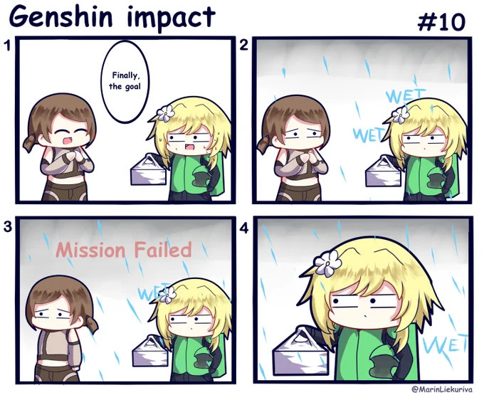 #GenshinImpact

Daily event 
"delivery whitout being affected by any element"

npc : sry traveler, Please bring me a new one and I'll be waiting for you here again
lumine :.......... 