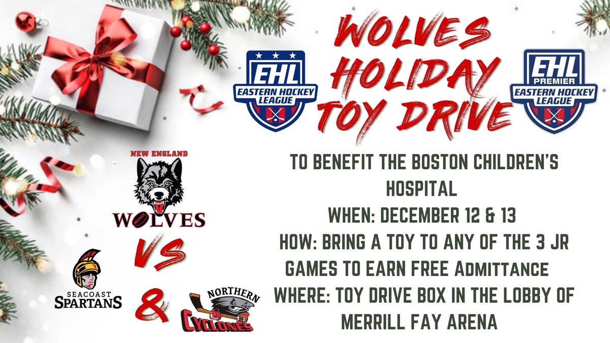 newenglandwolv1's tweet photo. Doubleheader today in Laconia!  Fans encouraged to attend and bring a toy to get FREE admittance. @EHL_Hockey plays Seacoast at 530pm and @EHLpremier plays a non-league game vs Cyclones.  Come check out the action.  #newolves #HolidaySeason https://t.co/hdFhkfHVTJ