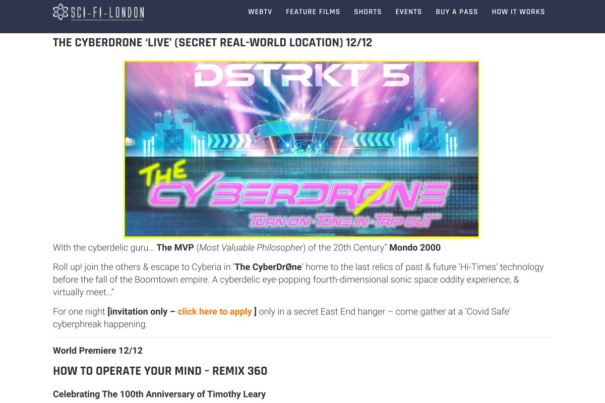 ScreenageKickz's tweet photo. @jamesemarks @thepeopletweet @FreekLabs @GoGenieMo @scifilondon The Cyberdr0ne :// 2020 MindF>ck @RevOfCalculon @trahenid @synthecist @2000_mondo #HackstockVI #Hackers25 #Leary100 #SFL20
https://t.co/97kuNSLr1D https://t.co/xKizZLvgQk