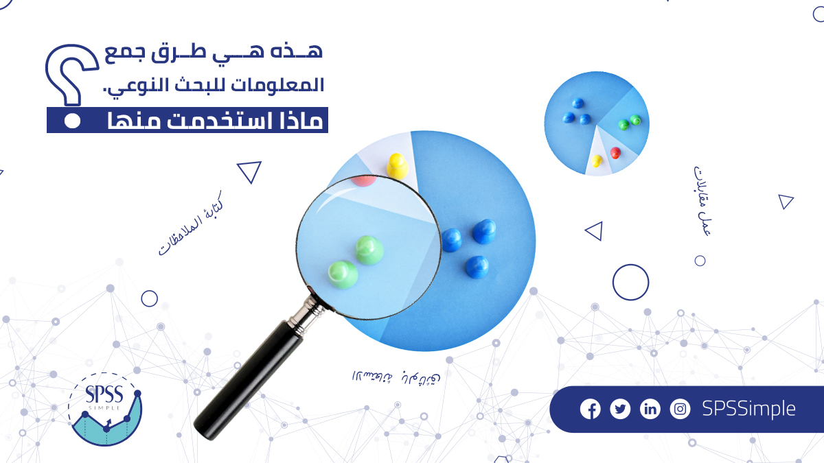 SPSSimple's tweet image. ما هي طرق جمع المعلومات للبحث النوعي؟
- عمل مقابلات ومن ثم تسجيلها وتفريغها.
- عمل مذكرات تقييمية، لتقييم جزئية ما تتعلق بالبحث.
-  كتابة الملاحظات بناء على مشاهدات يراها الباحث.
- الاستعانة  بالوثائق وتشمل: التقارير والخطط والكتيبات والمنشورات.
- مجموعات التركيز focus groups