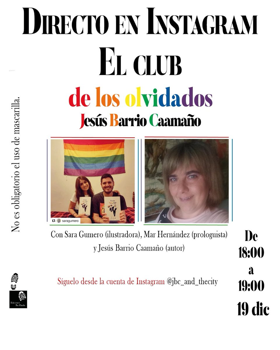 JBC_and_thecity's tweet photo. Hey! ¿Nos vemos en una semana en mi Instagram? Presentación virtual de mi novela 'El club de los olvidados' 📖🏳️‍🌈 con @MARHHZ y #SaraGumero. Apunten en la agenda 🤓💙 
@edenhuida https://t.co/gIchXS6gAR
