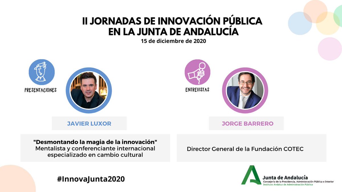 IAAPJunta's tweet photo. ¡Te esperamos el martes 15 en las II Jornadas de Innovación Pública de la Junta de Andalucía! #InnovaJunta2020

🙋🙋‍♂️Participación en directo del público,🎙entrevista a @Jorge_barrero_f, presentación con @javierluxor, debates y muchas sorpresas 🤐

+ info:
https://t.co/c9xNsZ6Grs https://t.co/bhbjKkE6xA